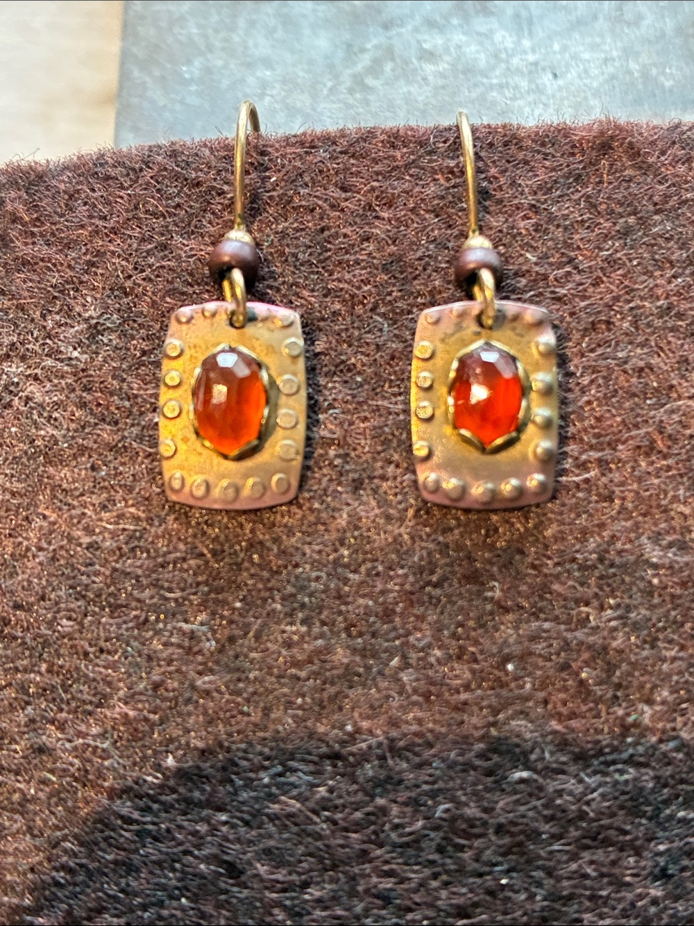 Handcrafted Amber Glass Drop Earrings in Copper Tone